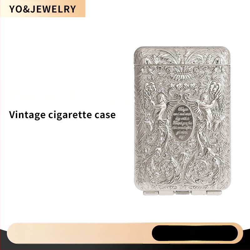 Cutie de țigări antică cu trei deschideri, retro europeană, procesată, pentru bărbați, cutie de depozitare pentru țigări, din argint antic, pentru bărbați
