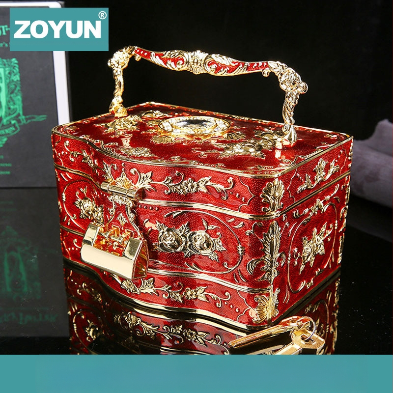 Kiniška retro stiliaus trijų sluoksnių papuošalų dėžutė su įmontuotu veidrodžiu ir užraktu, raižyta papuošalų žiedų laikymo dėžutė, vestuvių dovana
