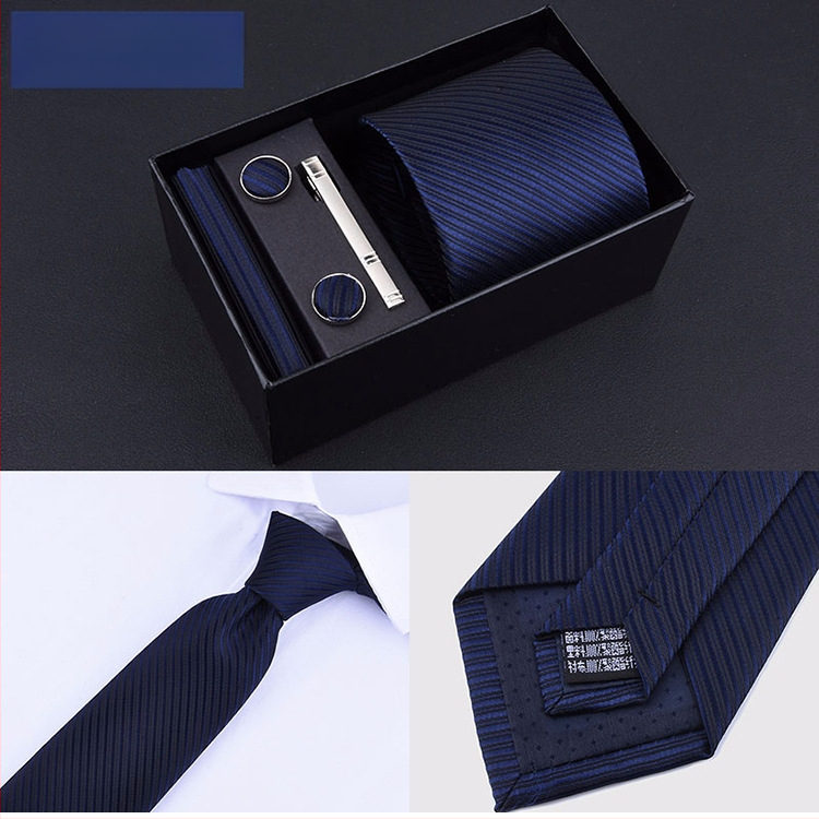 Poklon kutija] Muška kravata, kvadratni šal, manžete, kopča za kravatu, odijelo od pet dijelova, logo, formalno poslovno, plave pruge