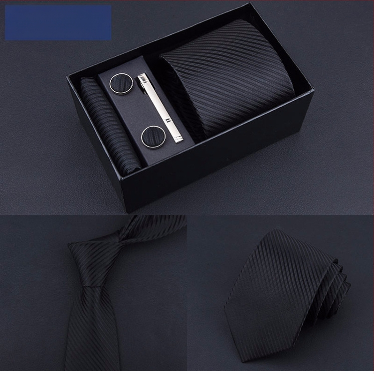 Poklon kutija] Muška kravata, kvadratni šal, manžete, kopča za kravatu, odijelo od pet dijelova, logo, formalno poslovno, plave pruge