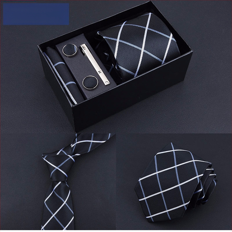 Poklon kutija] Muška kravata, kvadratni šal, manžete, kopča za kravatu, odijelo od pet dijelova, logo, formalno poslovno, plave pruge