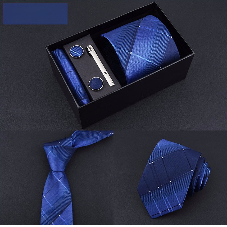 Poklon kutija] Muška kravata, kvadratni šal, manžete, kopča za kravatu, odijelo od pet dijelova, logo, formalno poslovno, plave pruge