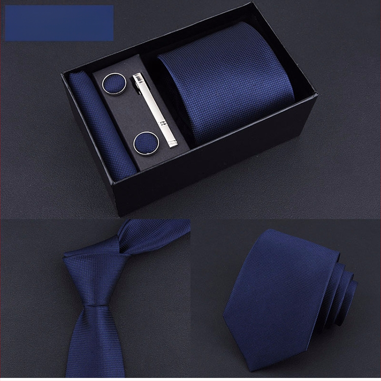 Poklon kutija] Muška kravata, kvadratni šal, manžete, kopča za kravatu, odijelo od pet dijelova, logo, formalno poslovno, plave pruge