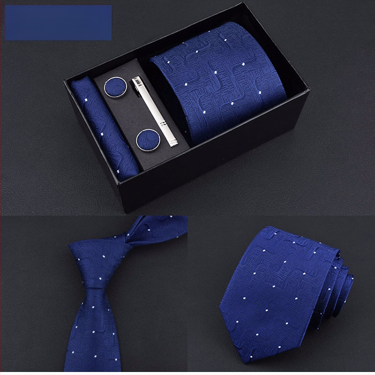 Poklon kutija] Muška kravata, kvadratni šal, manžete, kopča za kravatu, odijelo od pet dijelova, logo, formalno poslovno, plave pruge