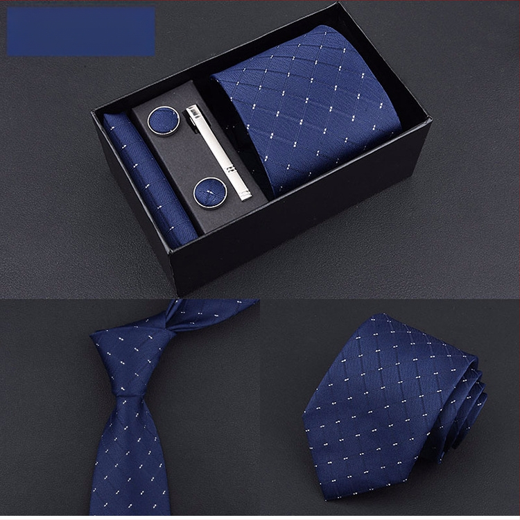 Poklon kutija] Muška kravata, kvadratni šal, manžete, kopča za kravatu, odijelo od pet dijelova, logo, formalno poslovno, plave pruge