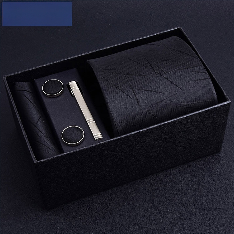 Poklon kutija] Muška kravata, kvadratni šal, manžete, kopča za kravatu, odijelo od pet dijelova, logo, formalno poslovno, plave pruge