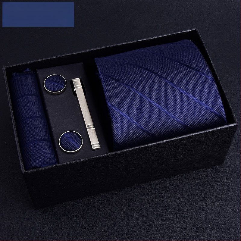 Poklon kutija] Muška kravata, kvadratni šal, manžete, kopča za kravatu, odijelo od pet dijelova, logo, formalno poslovno, plave pruge