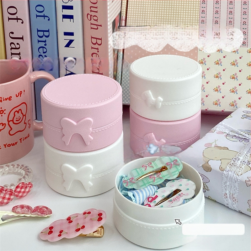 Χαριτωμένο κουτί αποθήκευσης πόνι με φιόγκο γάλακτος, στρογγυλό μονόχρωμο με αυτοκόλλητο καπάκι, φουρκέτα, φορητό κουτί ανθεκτικό στη σκόνη