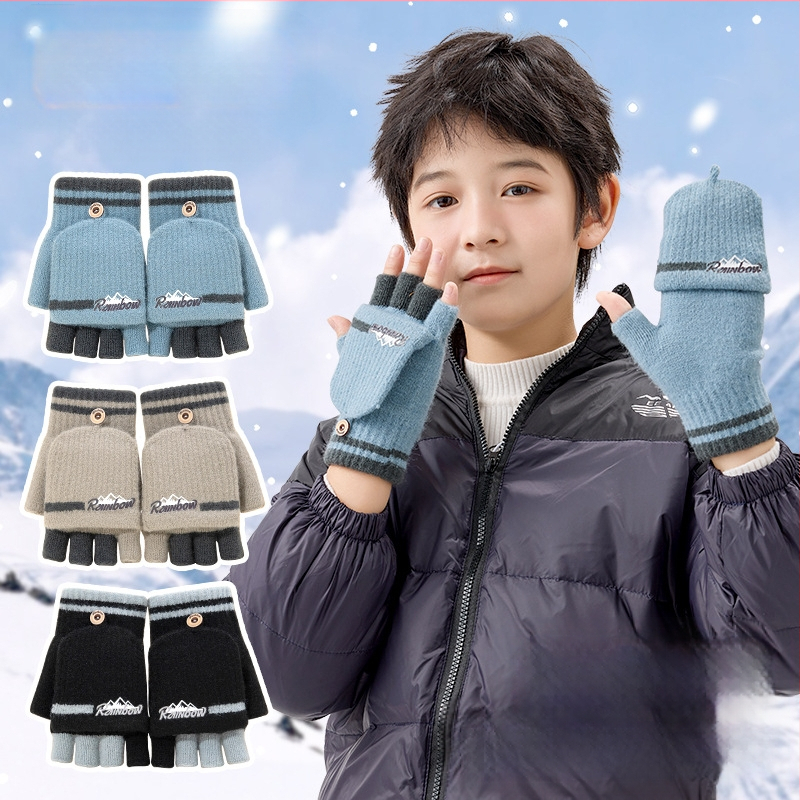 10–15 metų berniukų žieminės puspirštės atverčiamos pirštinės mokiniams, rašančios korėjietiško stiliaus megztos šalčiui atsparios vilnos siūlų vaikiškos šiltos pirštinės