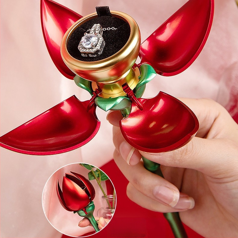 Naujas tarpvalstybinis produktas – automatiškai atidaroma rožinė papuošalų dėžutė, žiedų vėrinys, Valentino dienos rožių dovanų dėžutė