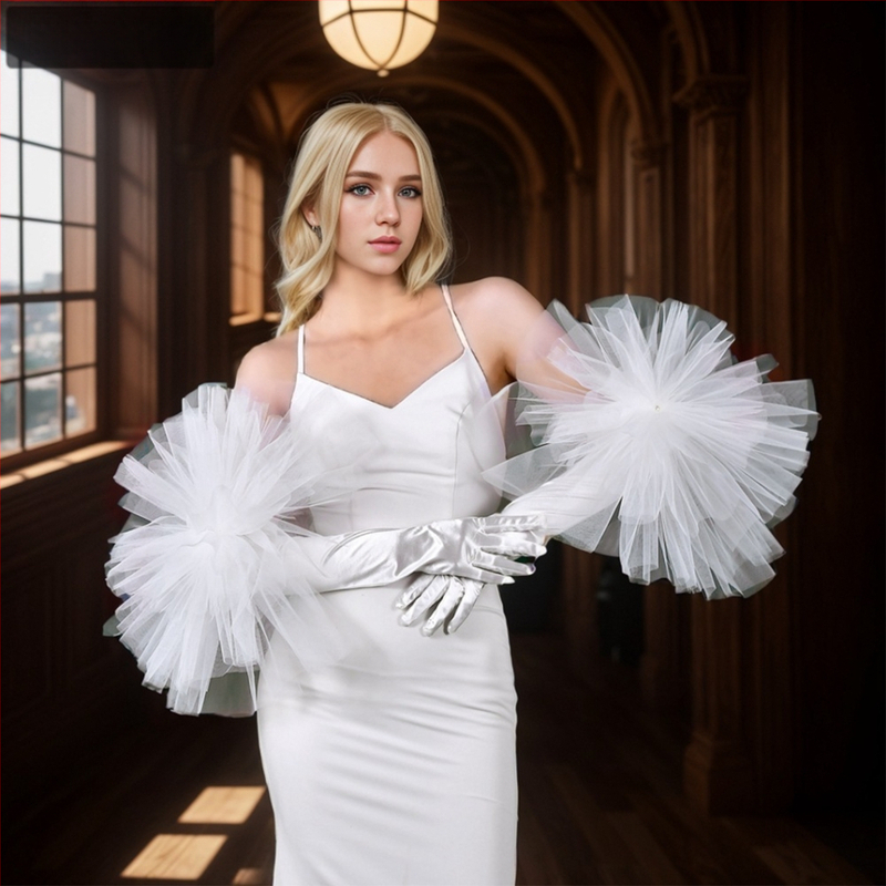 „Manzhen“ nuotakos vestuvinė suknelė, baltos pirštinės, vestuvinio stiliaus, ranką dengiančios, pailgintos alkūnės, atlasinės pirštinės MM10