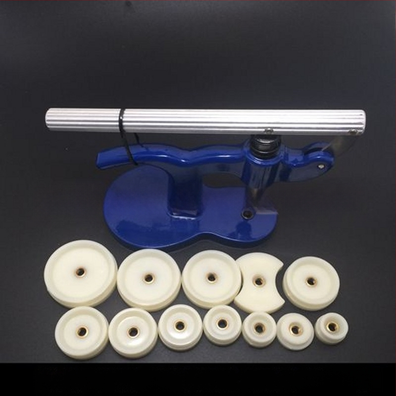 Laikrodžių taisymo rinkinys, paspauskite galinį dangtelį, paspauskite laikrodžio dangtelį, laikrodžio dangtelį, paspauskite baterijų keitimo įrankį (mėlynas),