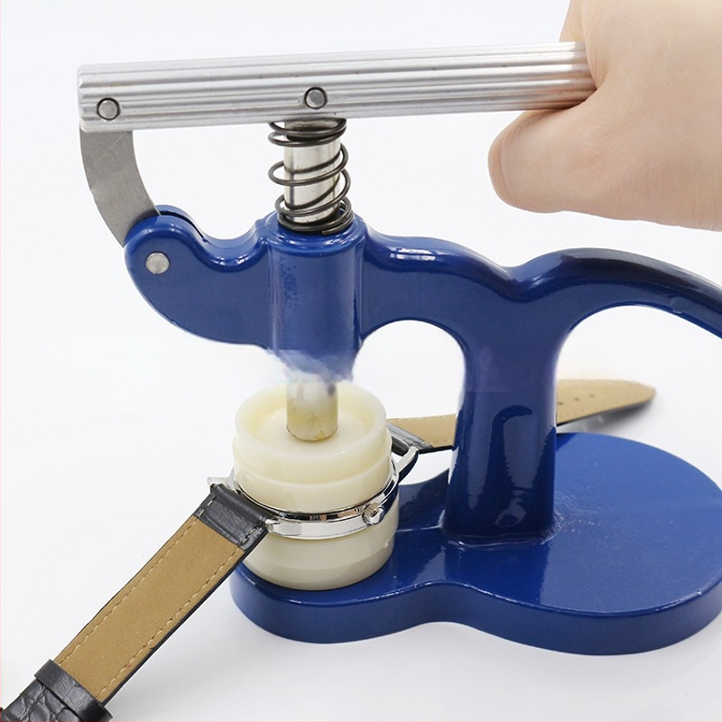 Laikrodžių taisymo rinkinys, paspauskite galinį dangtelį, paspauskite laikrodžio dangtelį, laikrodžio dangtelį, paspauskite baterijų keitimo įrankį (mėlynas),