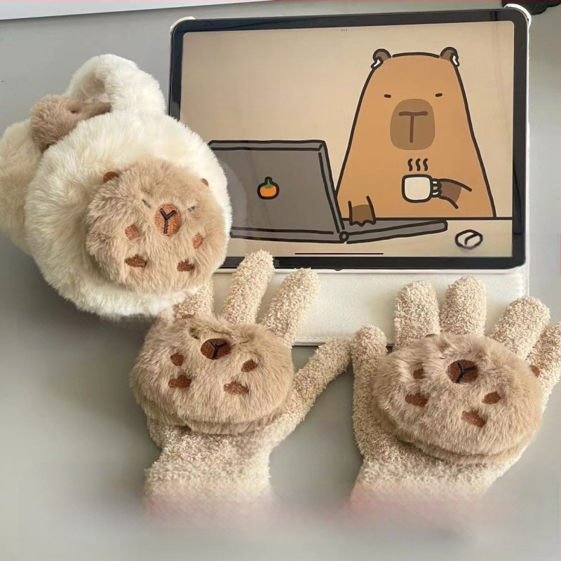 Capabala kapibaras ziemas cimdi, silti divdaļīgi, jauki sieviešu ausu aizsargi, pret sasalšanu, aukstumizturīgi, ausu aizsargi