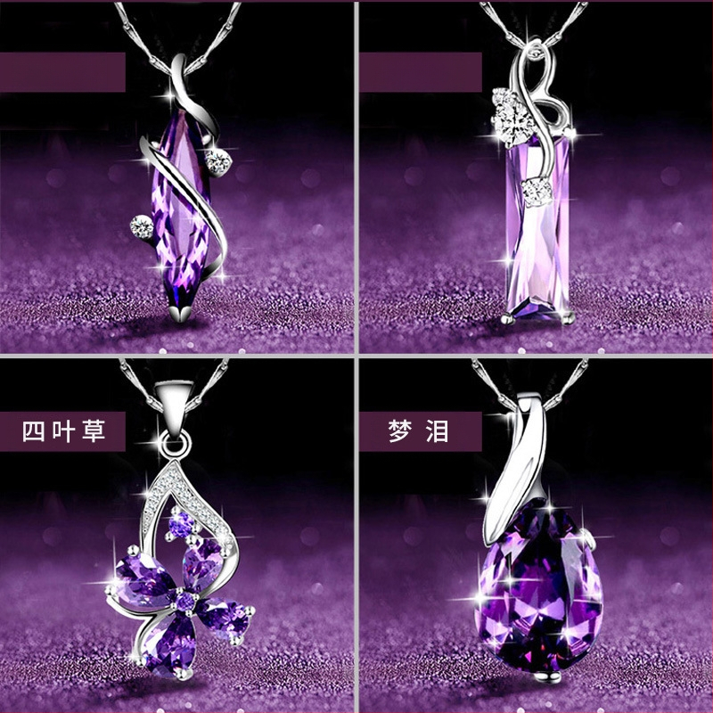 Euroopa ja Ameerika uus hõbetatud kaelakee naistele loominguline neljaleheline ristik ametüst teemantkaelakee lühike rangluu ketiga kristallripats