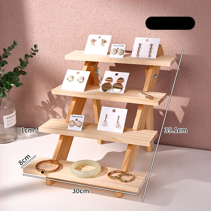 Papuošalų demonstravimo lentyna, medžio masyvo stalviršis, auskarai, papuošalų laikymo lentyna, papuošalų apyrankės, auskarų prekystalis su laiptuotu demonstravimu