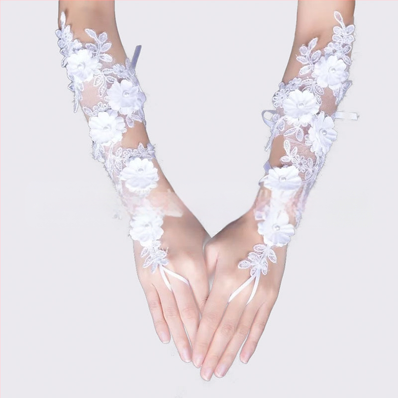 2025 m. naujos nuotakos vestuvinės pirštinės su baltomis gėlėmis ir perlais, fotostudijos iškirptos pirštinės be apsaugos nuo saulės, kelioninės fotografijos pirštinės