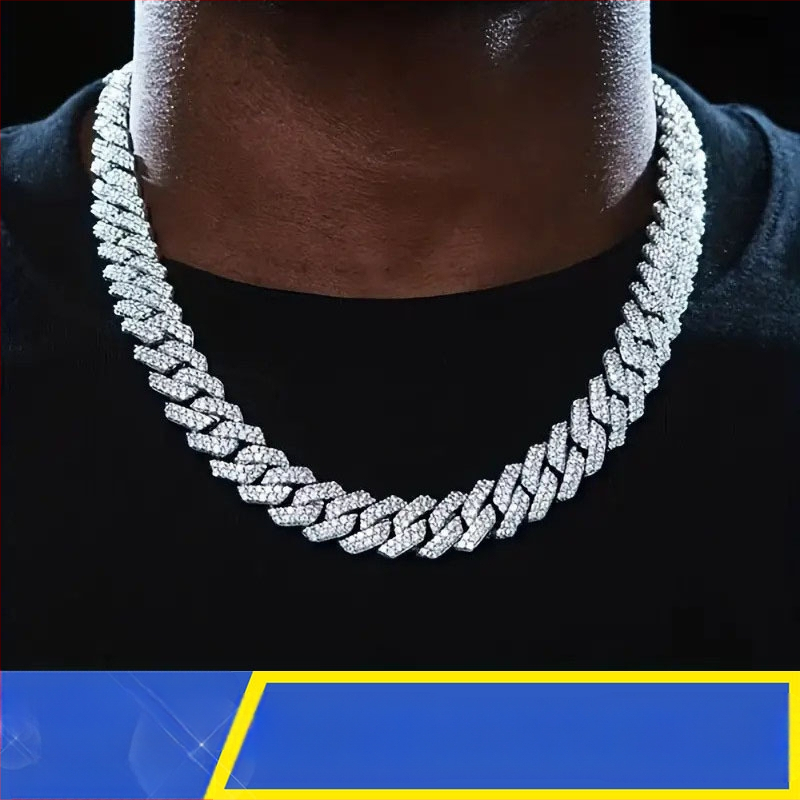 14 mm-es, rúd alakú kubai lánccal ellátott, keresztezett, divatos, könnyű, luxus, merész, teljes gyémántokkal kirakott nyaklánc, kifejezetten gyémánt berakáshoz tervezve.