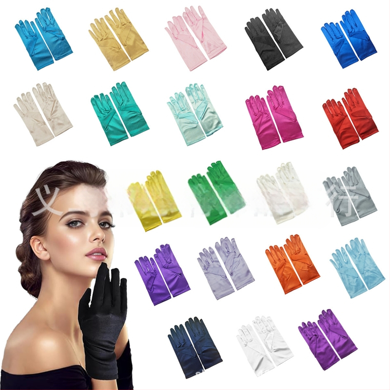 Öltöztesd fel a tiszta színű, rövid, sima szatén szatén kesztyűket Menyasszonyi, esküvői kesztyűk Halloween smink parti női rövid kesztyűk