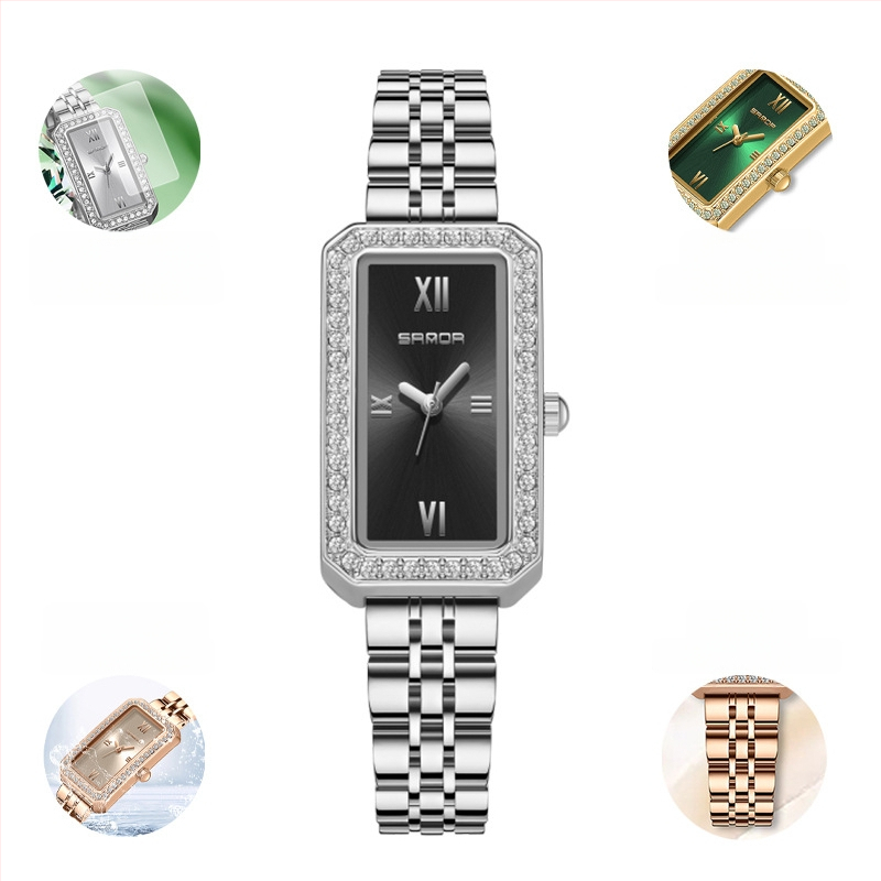 Naiste pikk ruudukujuline käekell 2024 uus teemantidega kaetud kvartskell, moodne universaalne veekindel loodete vöö