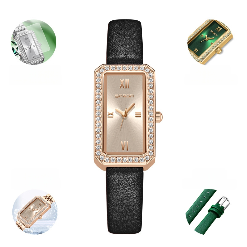 Naiste pikk ruudukujuline käekell 2024 uus teemantidega kaetud kvartskell, moodne universaalne veekindel loodete vöö