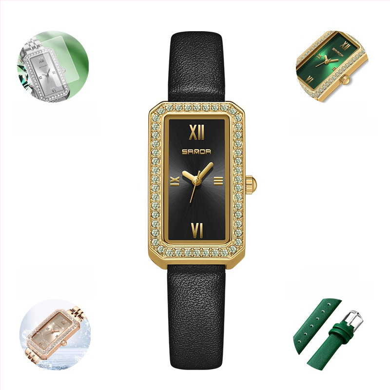 Naiste pikk ruudukujuline käekell 2024 uus teemantidega kaetud kvartskell, moodne universaalne veekindel loodete vöö
