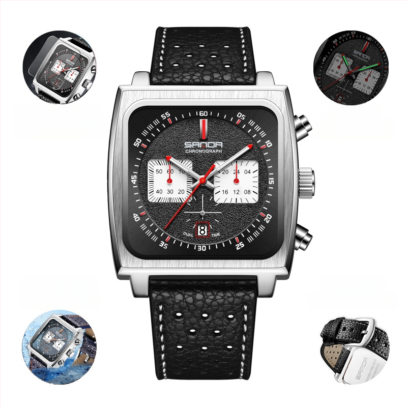 Férfi határokon átnyúló robbanások 2024 új élő robbanások valódi bőr négyzet alakú üzleti multifunkcionális kronográf kvarcóra