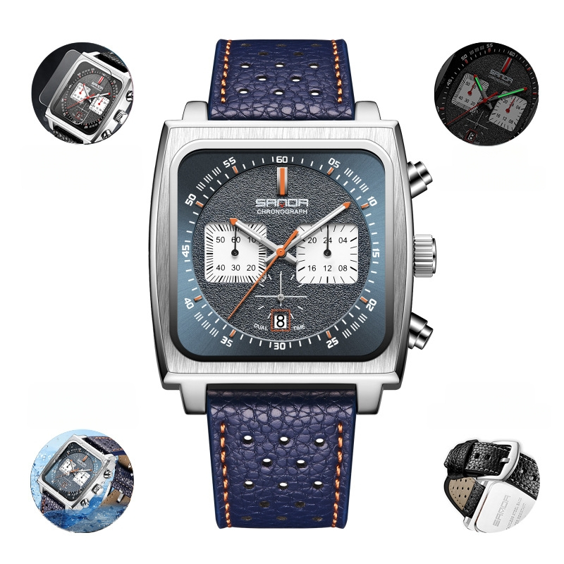 Férfi határokon átnyúló robbanások 2024 új élő robbanások valódi bőr négyzet alakú üzleti multifunkcionális kronográf kvarcóra