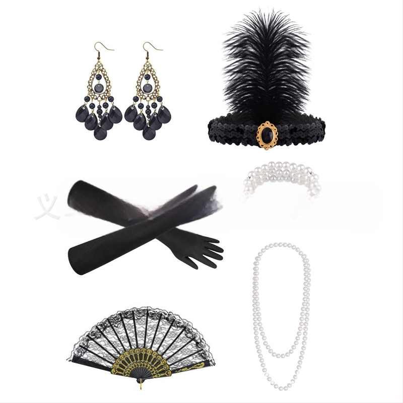 Gatsby 1920-as évekbeli legénybúcsú retro toll fejpánt álarcosbál szett fejdísz nyaklánc kesztyűk cigarettarúd