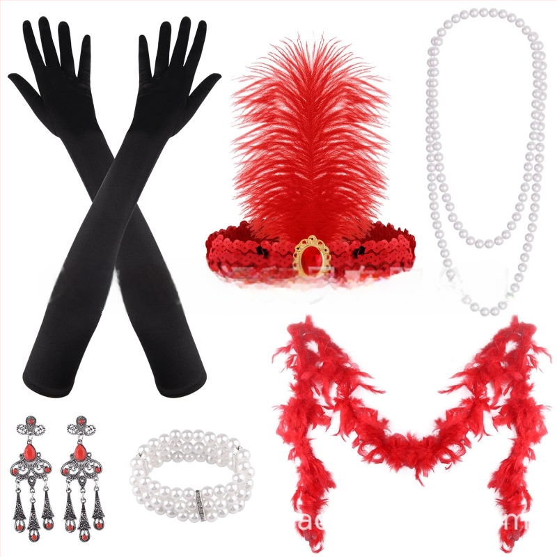 Gatsby 1920-as évekbeli legénybúcsú retro toll fejpánt álarcosbál szett fejdísz nyaklánc kesztyűk cigarettarúd