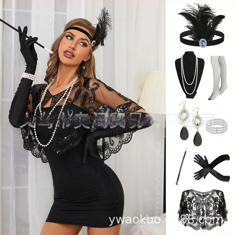 Gatsby 1920-as évekbeli legénybúcsú retro toll fejpánt álarcosbál szett fejdísz nyaklánc kesztyűk cigarettarúd