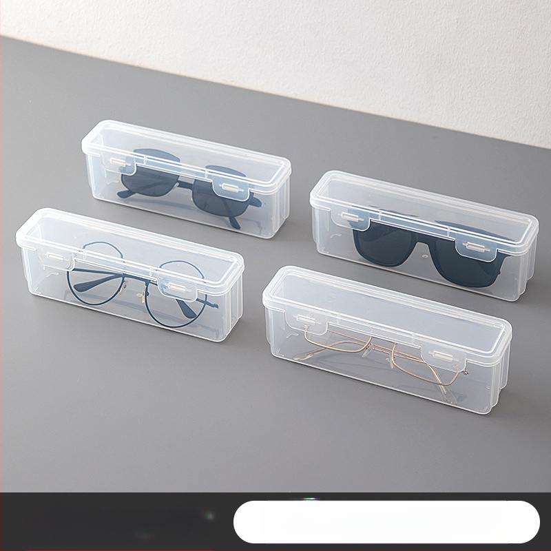 Asztali átlátszó, porálló szemüvegtároló doboz fedéllel, műanyaggal lezárt, multifunkcionális, egymásra rakható, hordozható napszemüvegtároló doboz