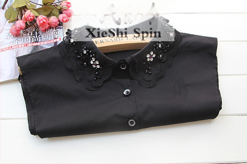 Rudens ir žiemos korėjietiška juodų ir baltų nagų karoliukų, cirkonio, moteriškų, šviežių marškinių, nėriniuotų, apykaklės dekoracijų versija