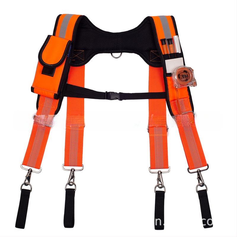 Határon átnyúló, H alakú, akasztható szerszámtáska fluoreszkáló narancssárga fényvisszaverő csíkkal a terhelés csökkentése érdekében