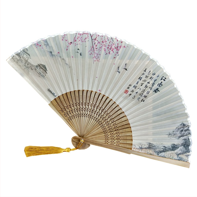 На склад Малък китайски стил, ветрило на едро, имитация на копринена глава, зелен, 6-инчов, малък мъжки ветрилообразен ветрилообразен нарцис, цвете, костен, копринен ветрилообразен