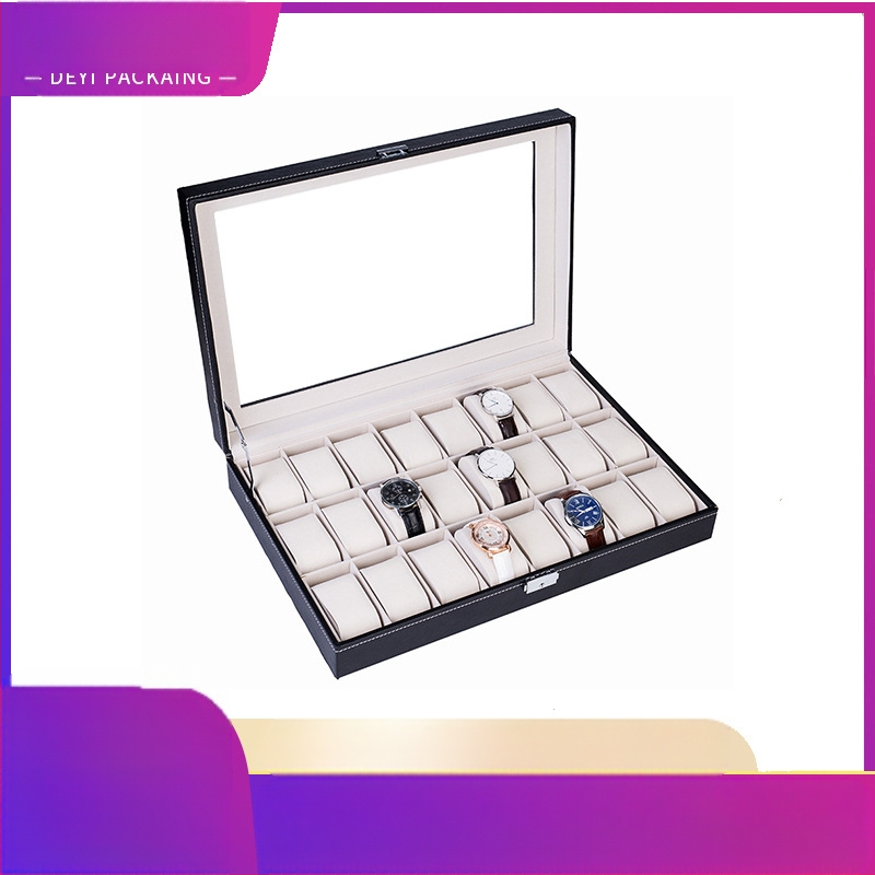 24 bitų juodos spalvos PU odos laikrodžių dėžutė, pritaikyta daiktų laikymo dėžutei, pritaikyta aksominei permatomai vitrinai, didmeninė prekyba papuošalų dėžutėmis, apdorojimas