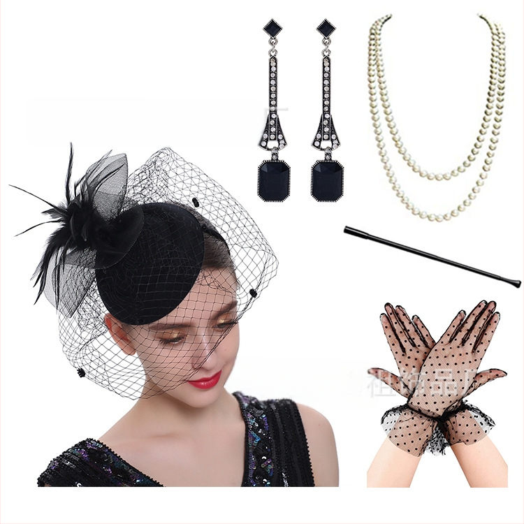Európai és amerikai hajdíszek, menyasszony, toll, virág, hálós hajcsat, kis svájcisapka, ruha, cheongsam kiegészítők, kesztyű, nyaklánc szett