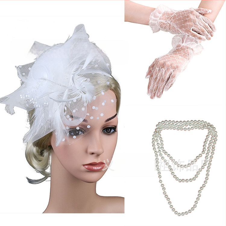 Európai és amerikai hajdíszek, menyasszony, toll, virág, hálós hajcsat, kis svájcisapka, ruha, cheongsam kiegészítők, kesztyű, nyaklánc szett