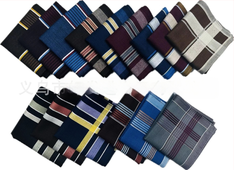 Vyriškas klasikinis dryžuotas tamsios spalvos siūlais dažytas medvilninis rankšluostis, prakaitą sugeriantis rankšluostis, kišeninis kostiumo krepšys, senas rankšluostis