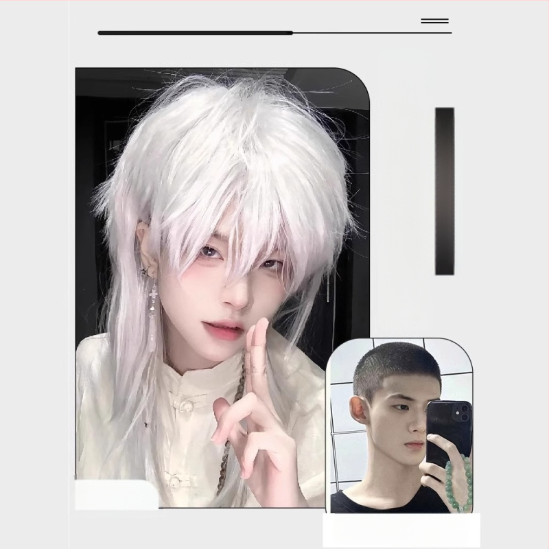 Valge hundi sabaga mulletpea parukas poistele naistele lühikesed juuksed Jaapani sarja Cos Samurai pea simulatsioon meestele täispeakate