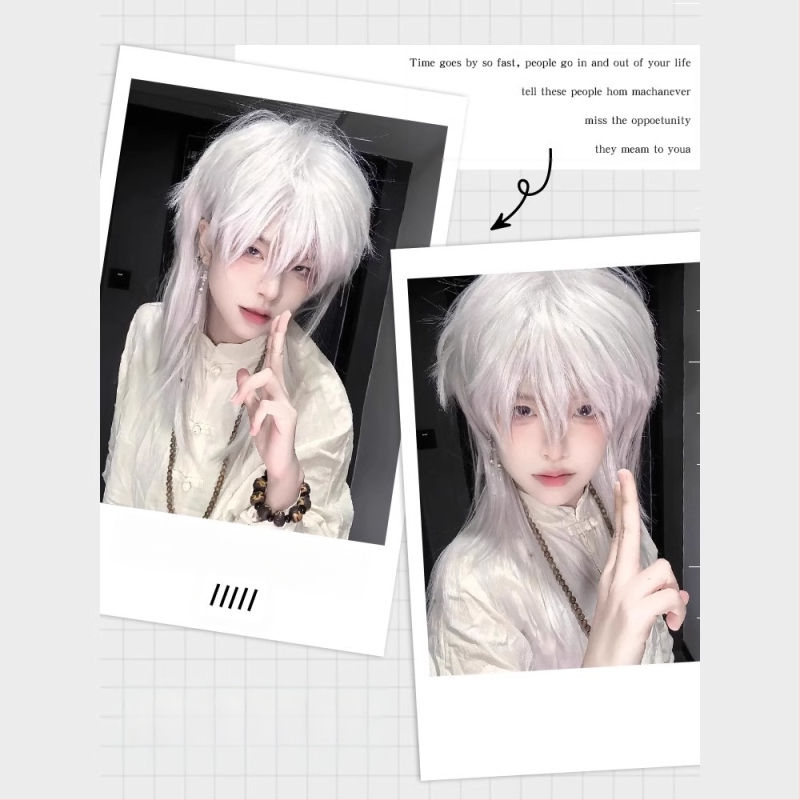 Valge hundi sabaga mulletpea parukas poistele naistele lühikesed juuksed Jaapani sarja Cos Samurai pea simulatsioon meestele täispeakate