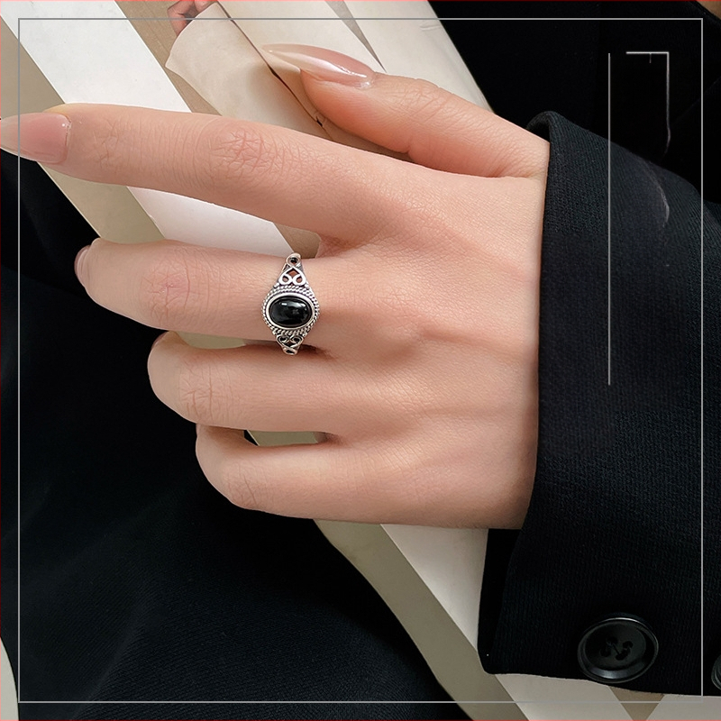 S925 srebrni čipkasti prsten za vanjsku trgovinu, personalizirani ahat, otvoreni modni crni vintage prsten, ženski okrugli prsten, nacionalni stil