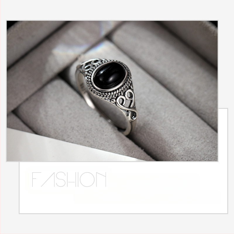 S925 srebrni čipkasti prsten za vanjsku trgovinu, personalizirani ahat, otvoreni modni crni vintage prsten, ženski okrugli prsten, nacionalni stil