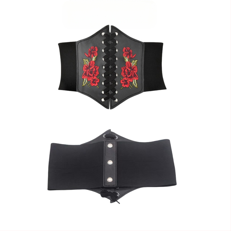 Curea de talie pentru femei, stil european și american transfrontalier, brodată cu trandafir, super lată, cu elastic în piele pentru rochie