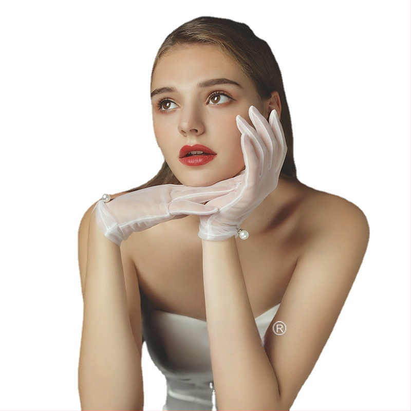 Nuotakos vestuvinės suknelės pirštinės, trumpos, siūtos dideliais perlais, baltas ir smėlio spalvos tiulis, japoniški ir korėjietiški fėjų stiliaus perlų papuošimai