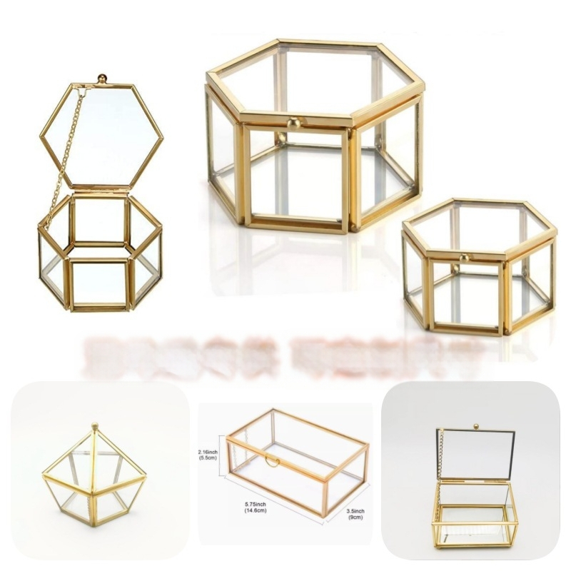 Kuuekülgne metallist vintage läbipaistev klaasist ehtekarp isetehtud abielusõrmuste karbi ja kinkekarbi kujul, ehtekarp