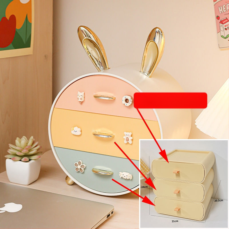 Nyuszi gyerek hajtűs asztali tárolódoboz, többrétegű, fiókos lány diákkollégiumi kozmetikai ékszertároló doboz