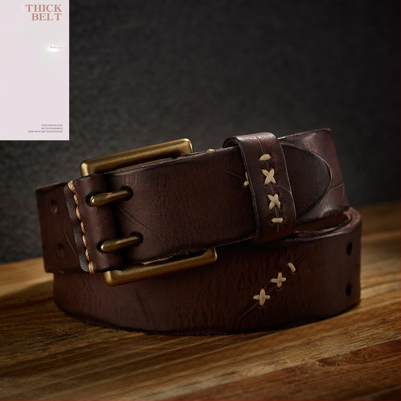 Férfi valódi bőr öv egyedi dupla rézcsattal, kézzel készített bőr férfi farmeröv, nagykereskedelmi kézzel készített öv
