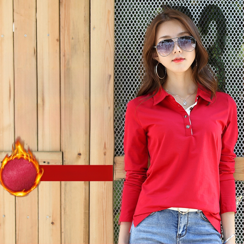 Hosszú ujjú, hajtókás ing, női tavaszi-nyári, meleg, polár béléssel ellátott, vastagított, sokoldalú pamut koreai póló 1818-2