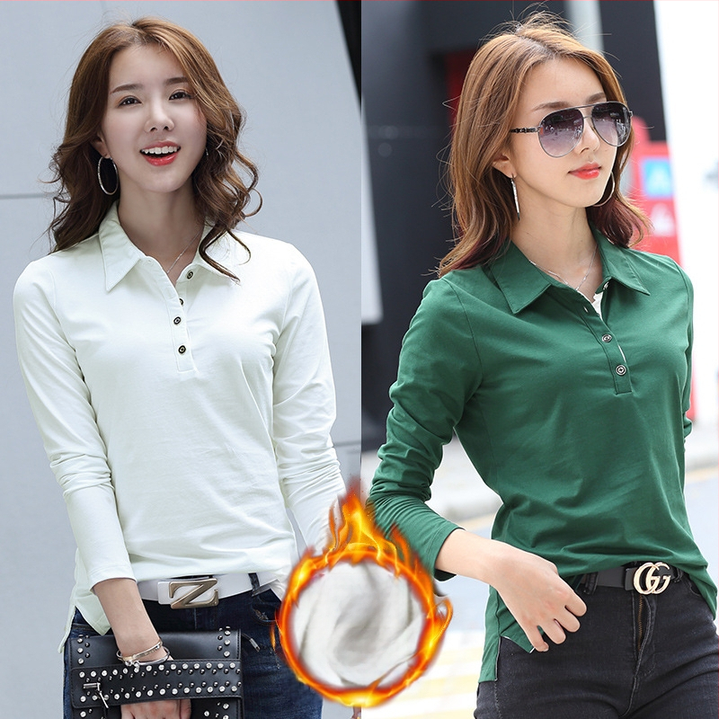 Hosszú ujjú, hajtókás ing, női tavaszi-nyári, meleg, polár béléssel ellátott, vastagított, sokoldalú pamut koreai póló 1818-2